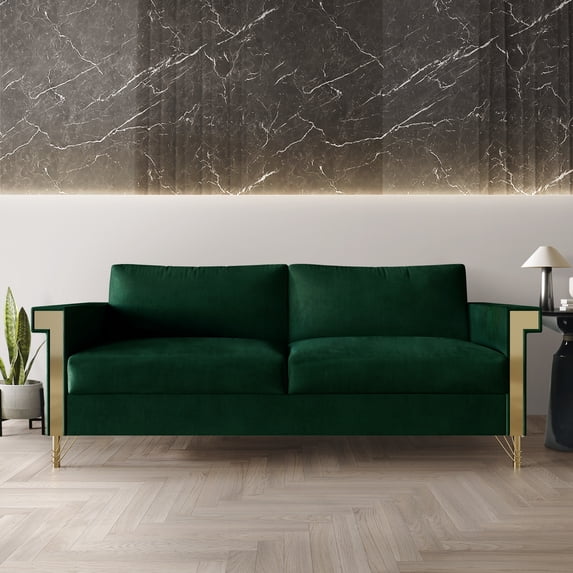 Castle Place Comtemporary Glam Velvet Upholstered Sofa, Emerald Green