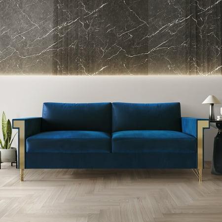 Castle Place Comtemporary Glam Velvet Upholstered Sofa, Navy Blue