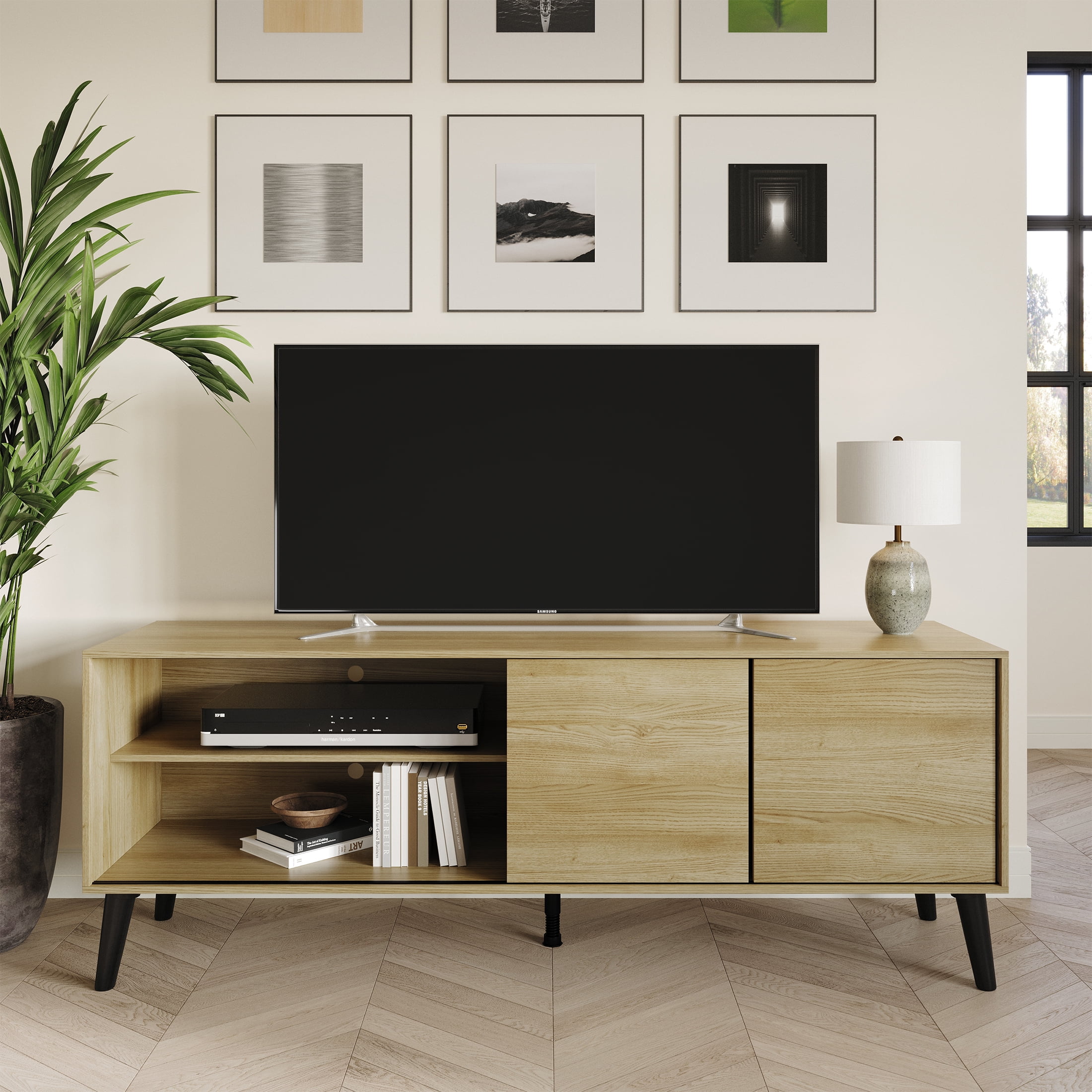 Castle Place Comtemporary TV Stand Console for TVs up to 65", Light Oak