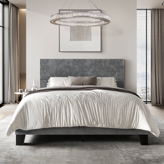 Castle Place Contemporary Corduroy Pleated Velvet Upholstered Full Platform Bed, Grey
