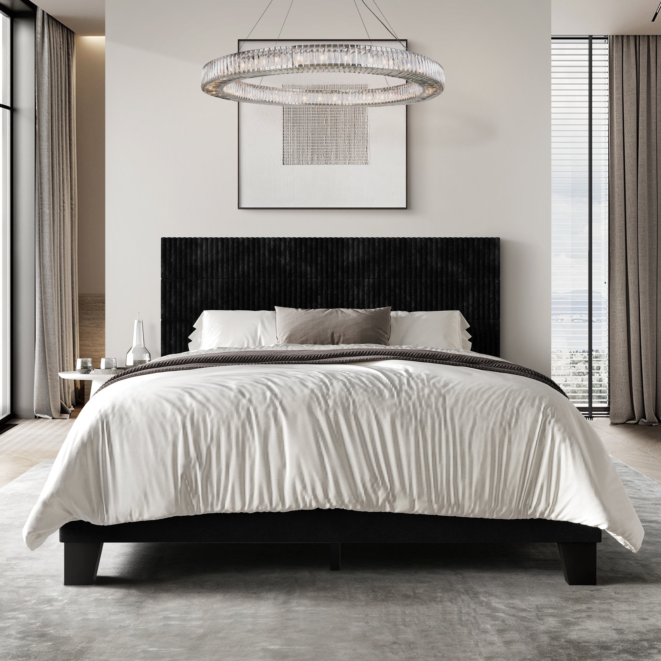 Castle Place Contemporary Corduroy Pleated Velvet Upholstered Queen Platform Bed, Black