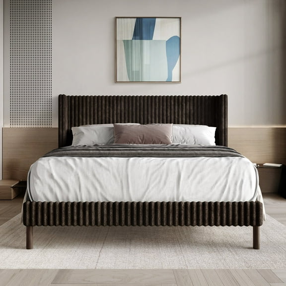 Castle Place Contemporary Corduroy Velvet Upholstered Wingback Full Bed, Brown