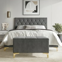 Castle Place Contemporary Crystal Twin Size Velvet Upholstered Bed with Storage Bench, Light Grey