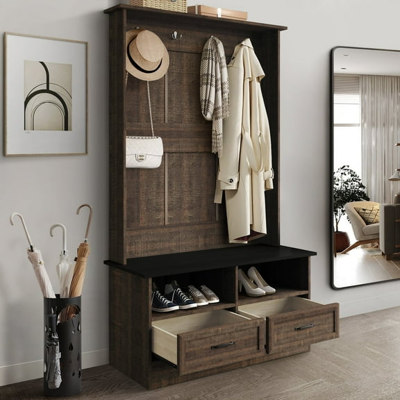 Castle Place Contemporary Hall Tree with Storage Cabinet, Brown