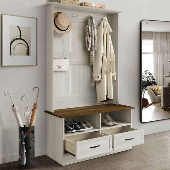 Castle Place Contemporary Hall Tree with Storage Cabinet, Light Grey