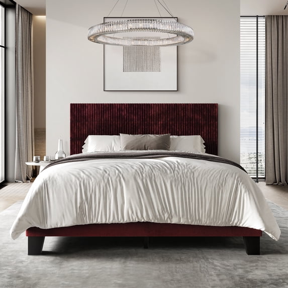 Castle Place Contemporary Corduroy Pleated Velvet Upholstered Full Platform Bed, Red