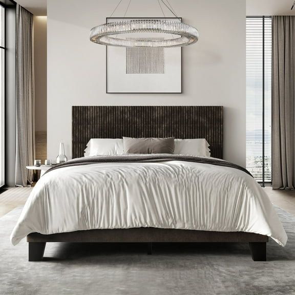 Castle Place Contemporary Corduroy Pleated Velvet Upholstered Queen Platform Bed, Brown