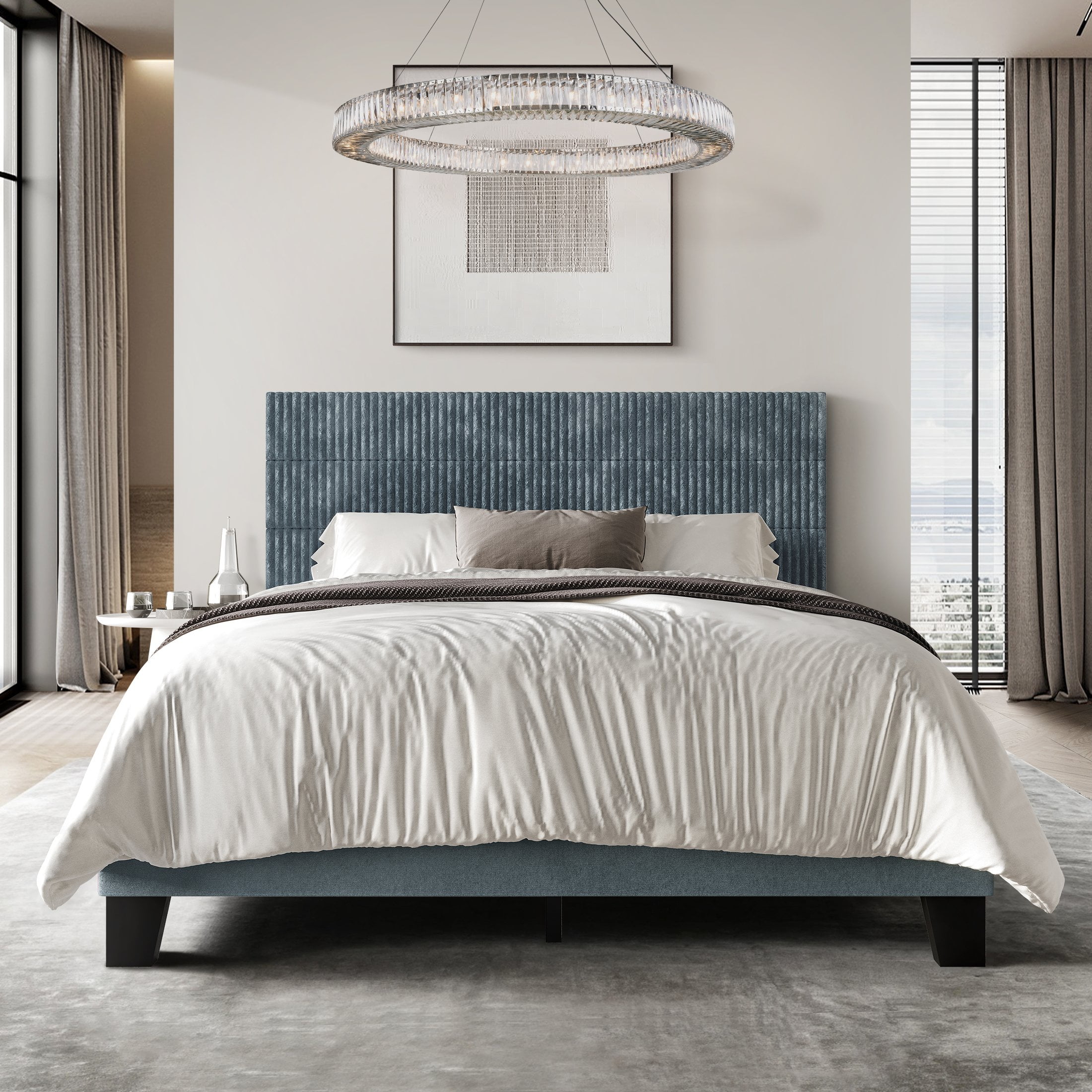 Castle Place Contemporary Corduroy Pleated Velvet Upholstered Queen Platform Bed, Light Blue