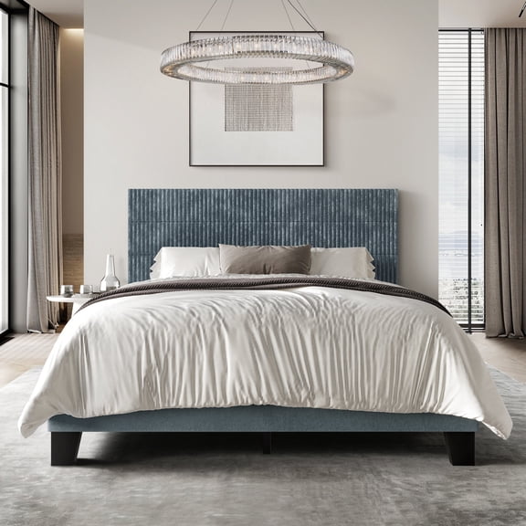 Castle Place Contemporary Corduroy Pleated Velvet Upholstered Queen Platform Bed, Light Blue