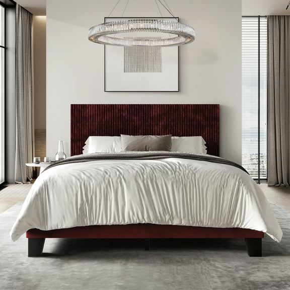 Castle Place Contemporary Corduroy Pleated Velvet Upholstered Queen Platform Bed, Red
