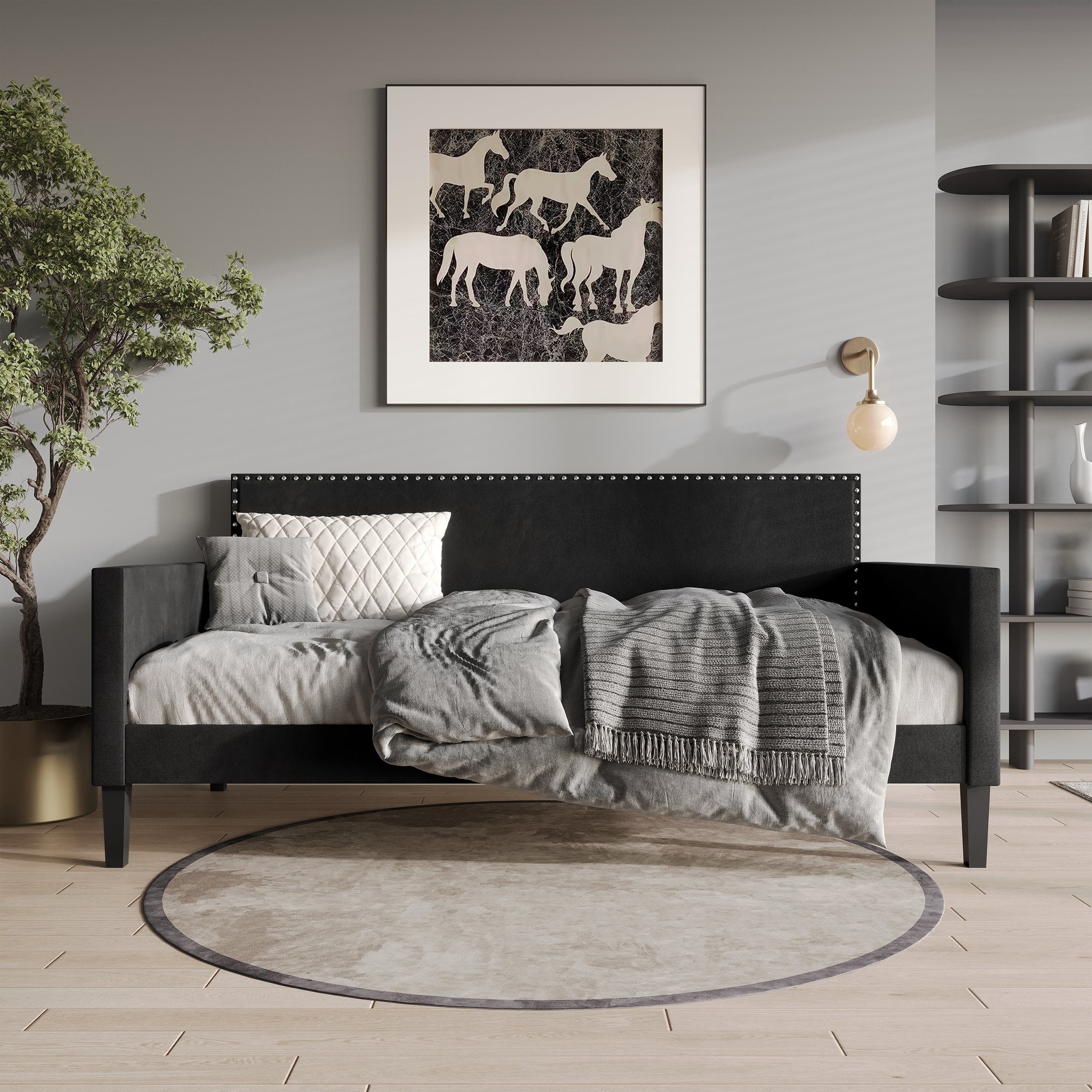 Castle Place Contemporary Velvet Twin Daybed with Nailhead Trim,  Black