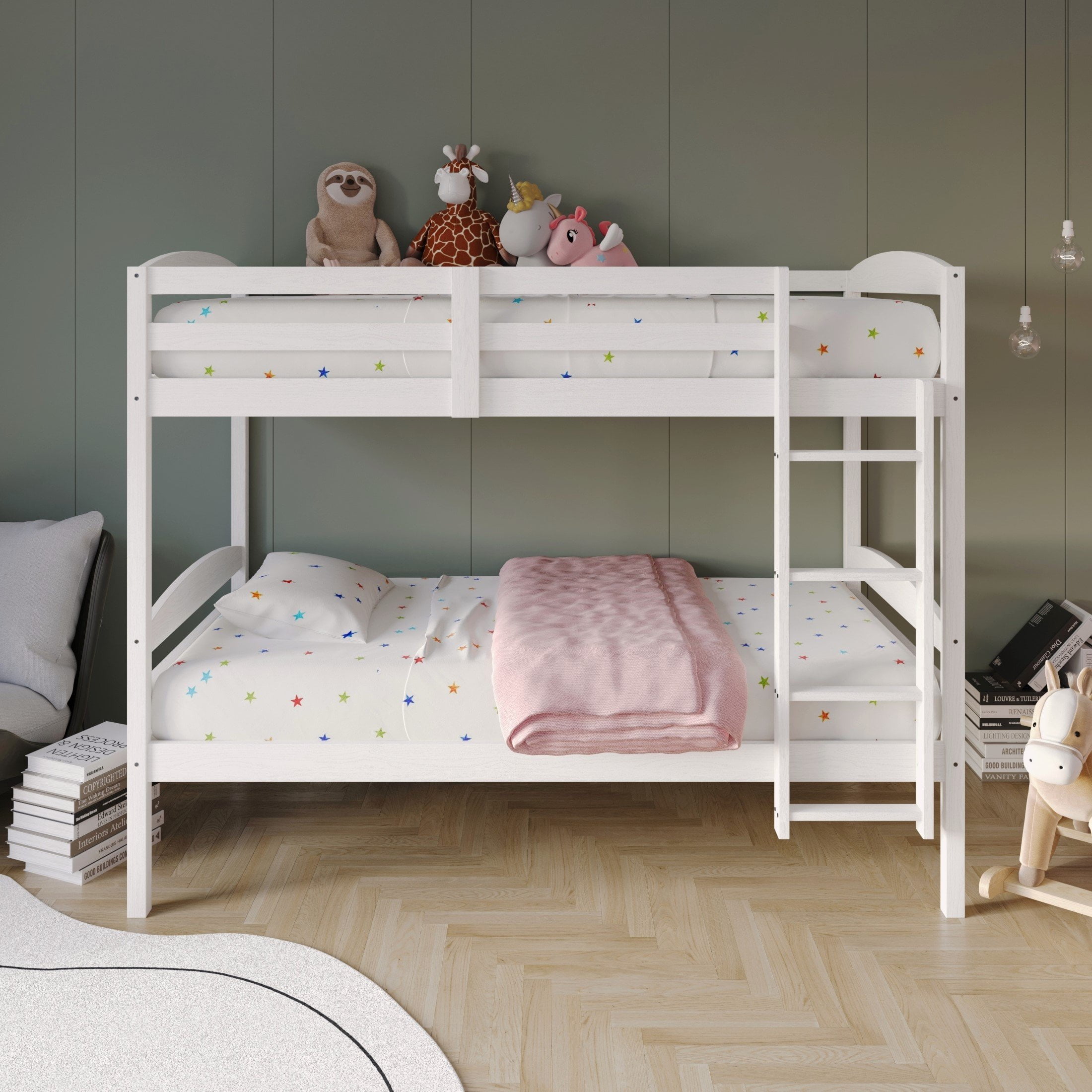 Castle Place Contemporary Twin over Twin Wooden Convertible Bunk Bed, White