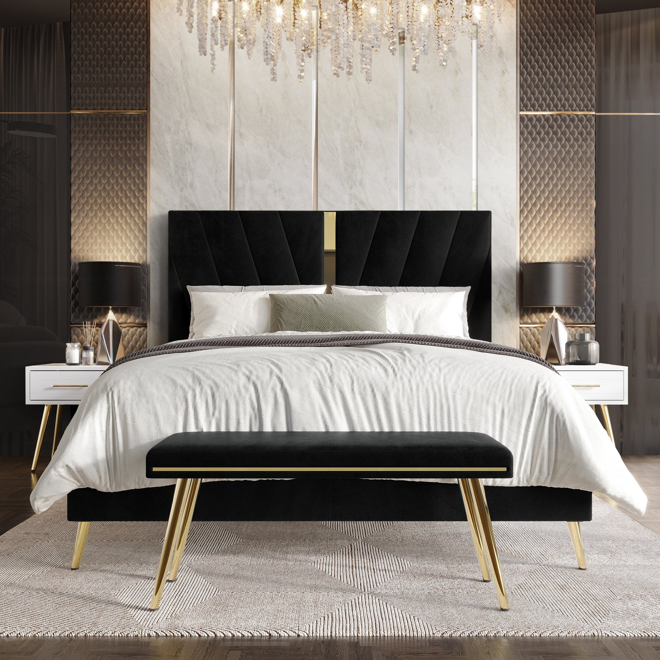 Castle Place Contemporary Velvet King Upholstered Bed with 2 Nightstand and Bench, Black