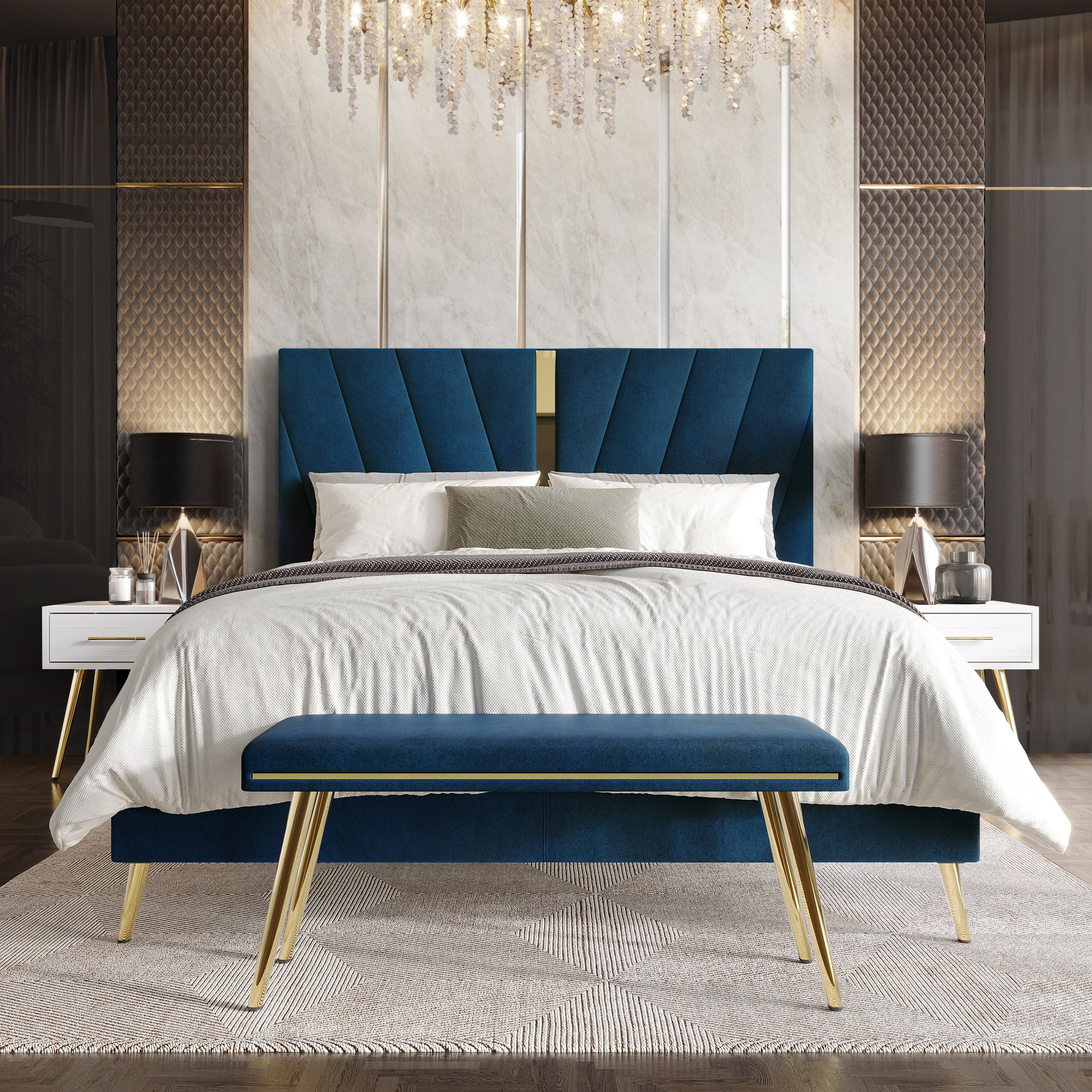 Castle Place Contemporary Velvet King Upholstered Bed with 2 Nightstand and Bench, Navy Blue