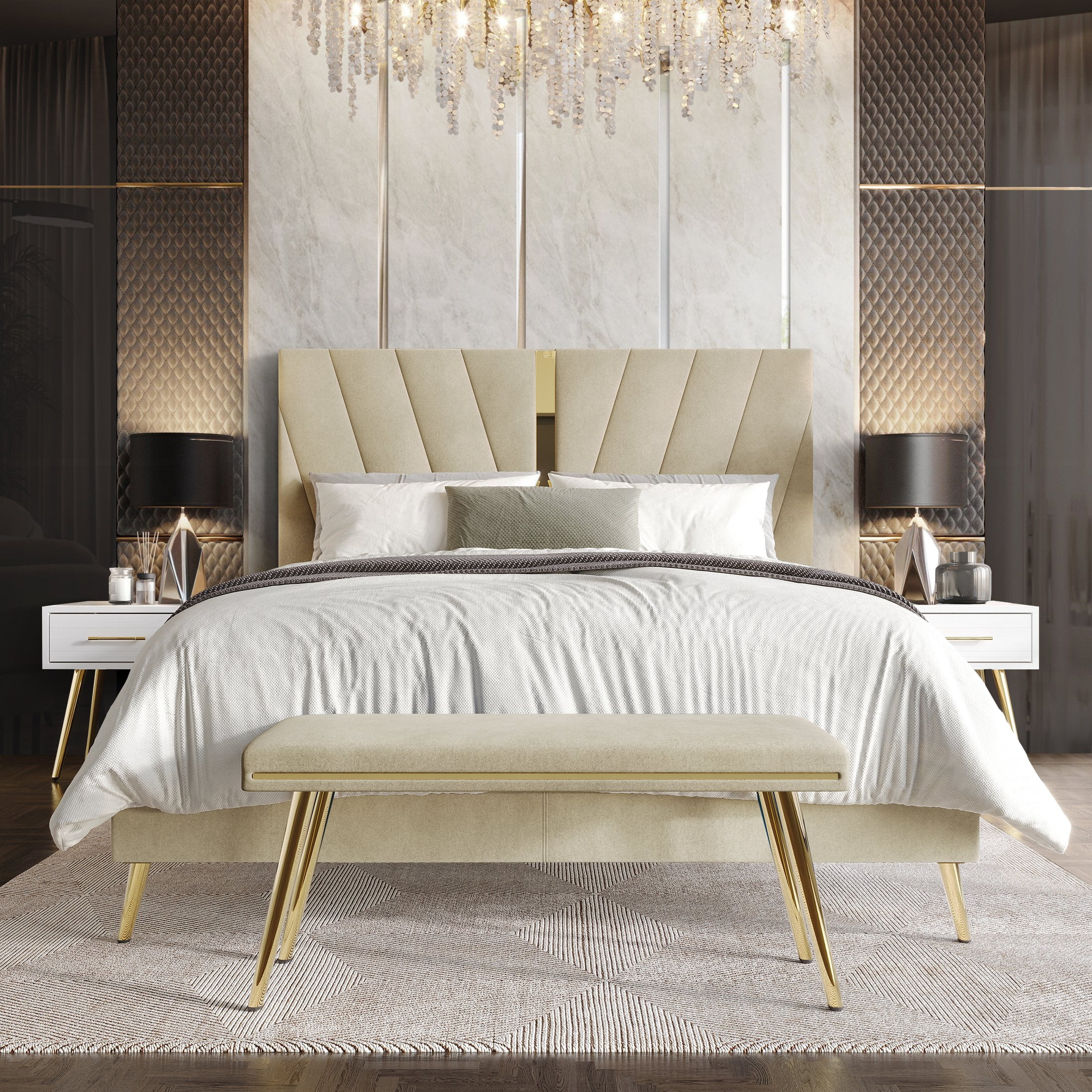 Castle Place Contemporary Velvet Queen Upholstered Bed with 2 Nightstand and Bench, Champagne
