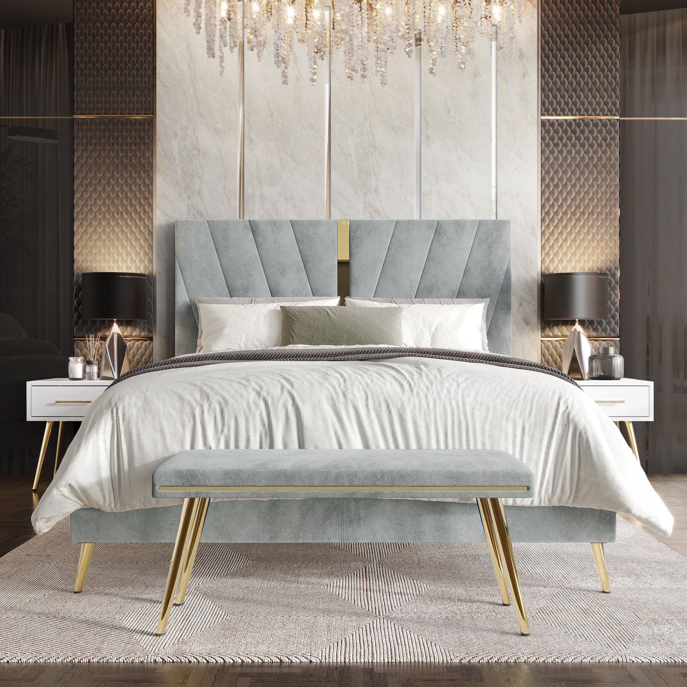 Castle Place Contemporary Velvet Queen Upholstered Bed with 2 Nightstand and Bench, Silver Grey