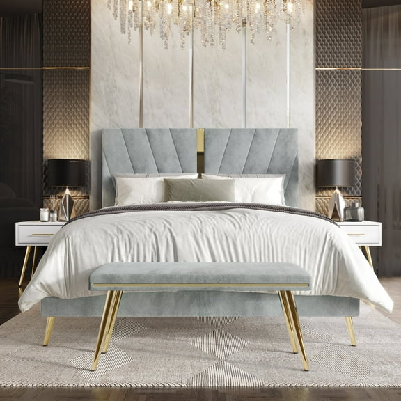 Castle Place Contemporary Velvet Queen Upholstered Bed with 2 Nightstand and Bench, Silver Grey