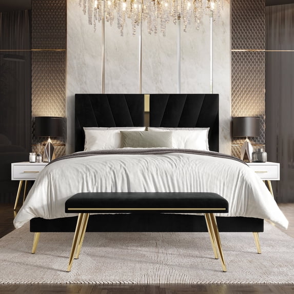 Castle Place Contemporary Velvet Twin Upholstered Bed with 2 Nightstand and Bench, Black