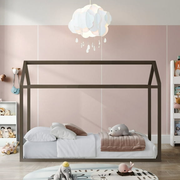 Castle Place Contemporary Wooden Canopy House Kid Twin Bed, Grey