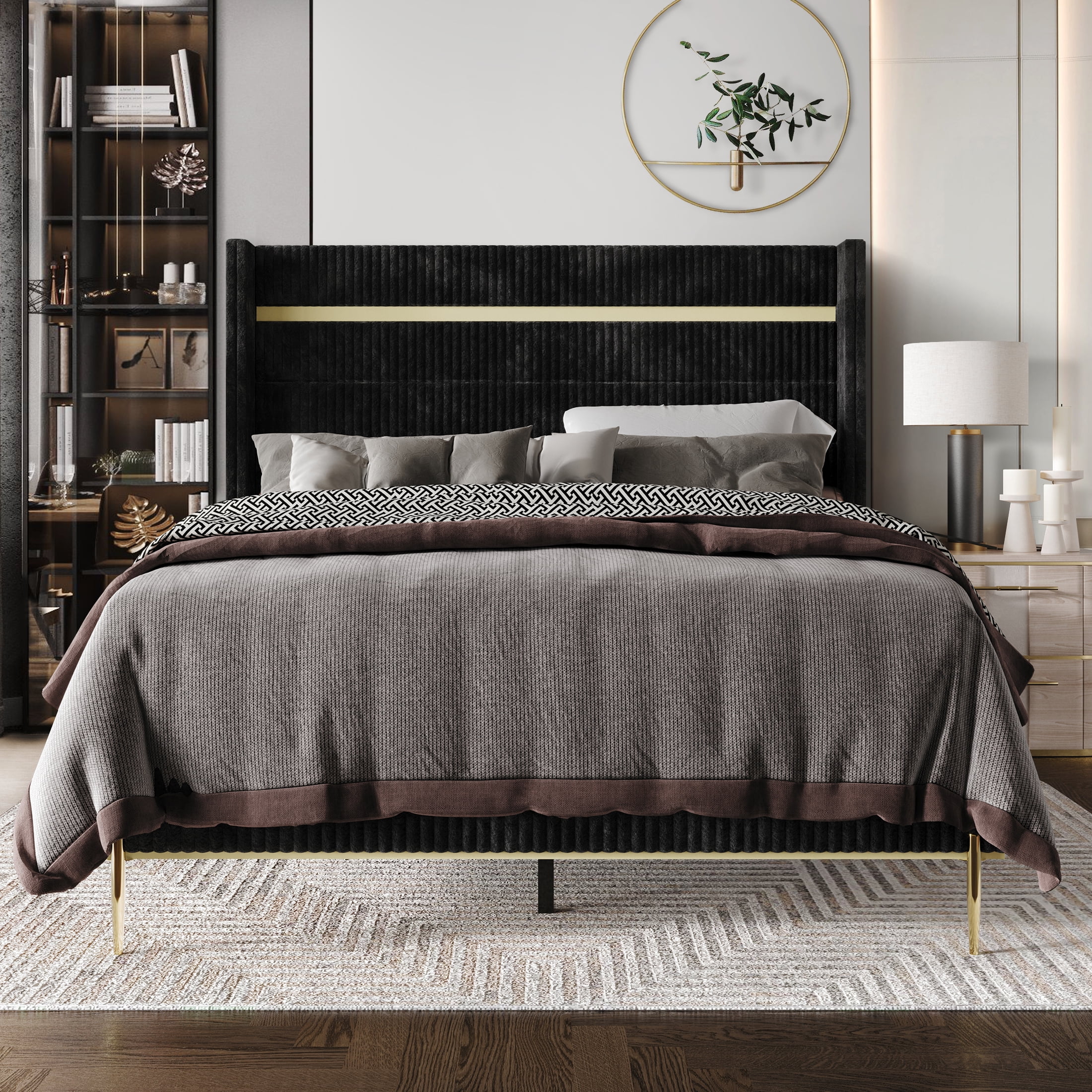 Castle Place Corduroy Gold PU Strip Wingback Upholstered Full Bed, Black