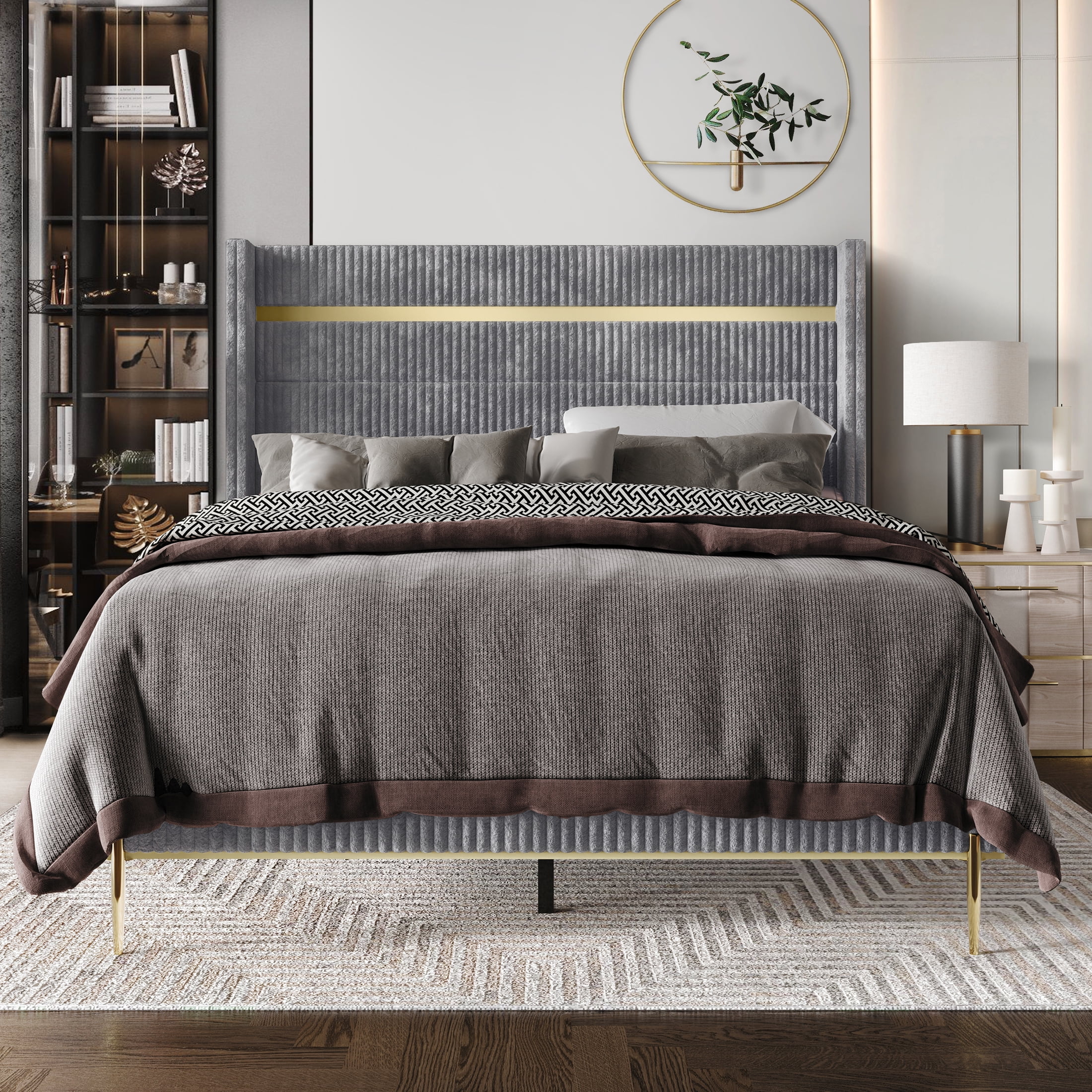 Castle Place Corduroy Gold PU Strip Wingback Upholstered Queen Bed, Grey