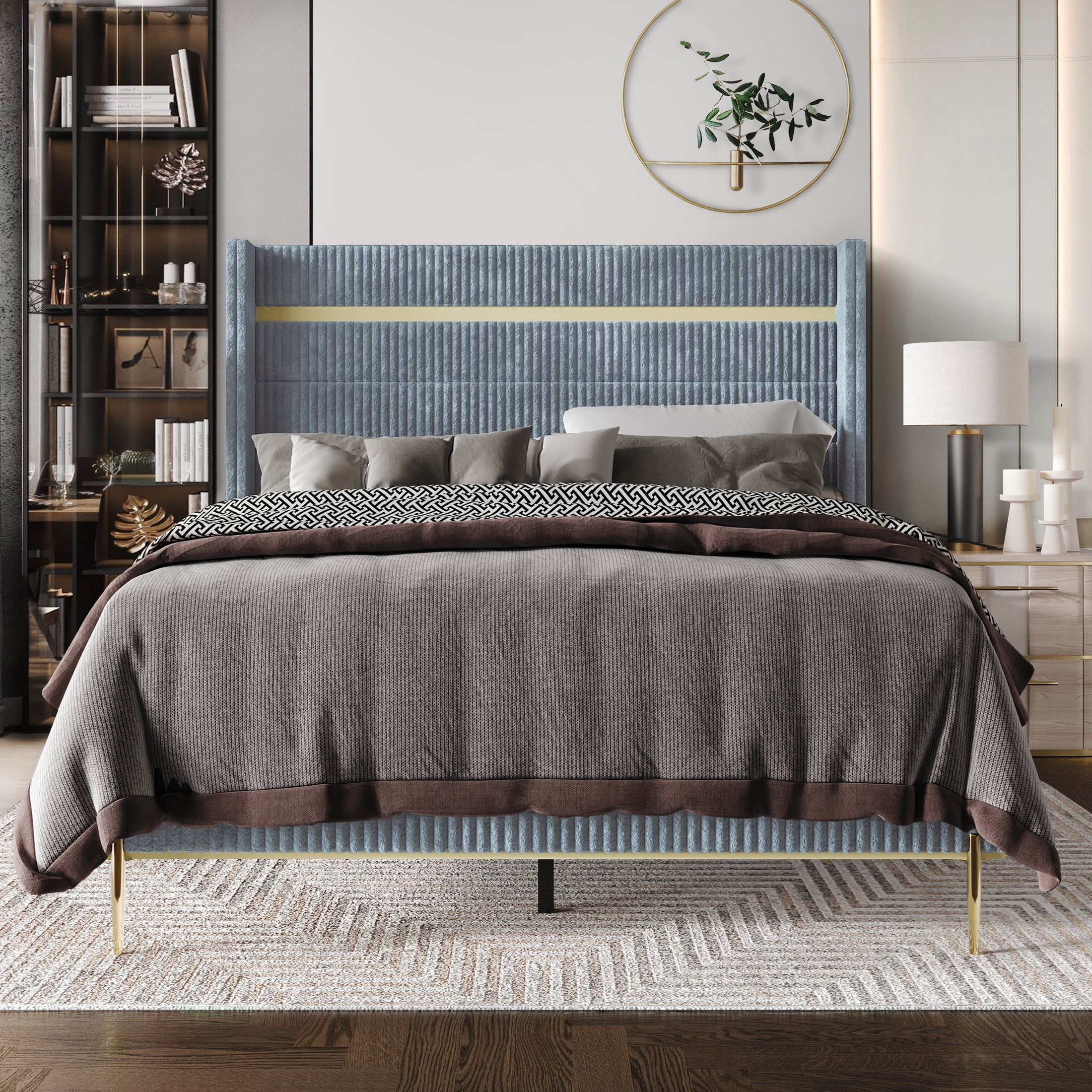 Castle Place Corduroy Gold PU Strip Wingback Upholstered Queen Bed, Light Blue