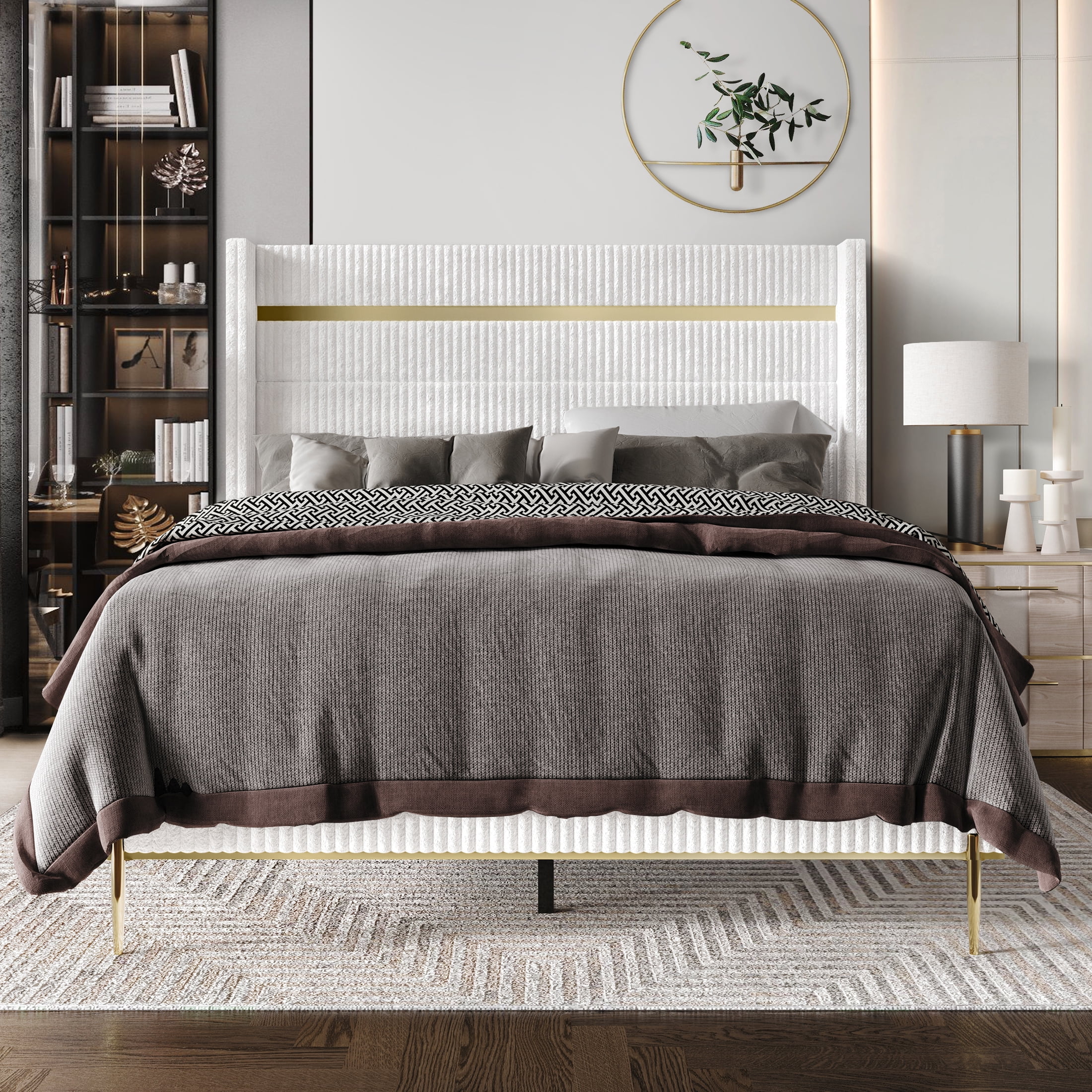 Castle Place Corduroy Gold PU Strip Wingback Upholstered Queen Bed, White