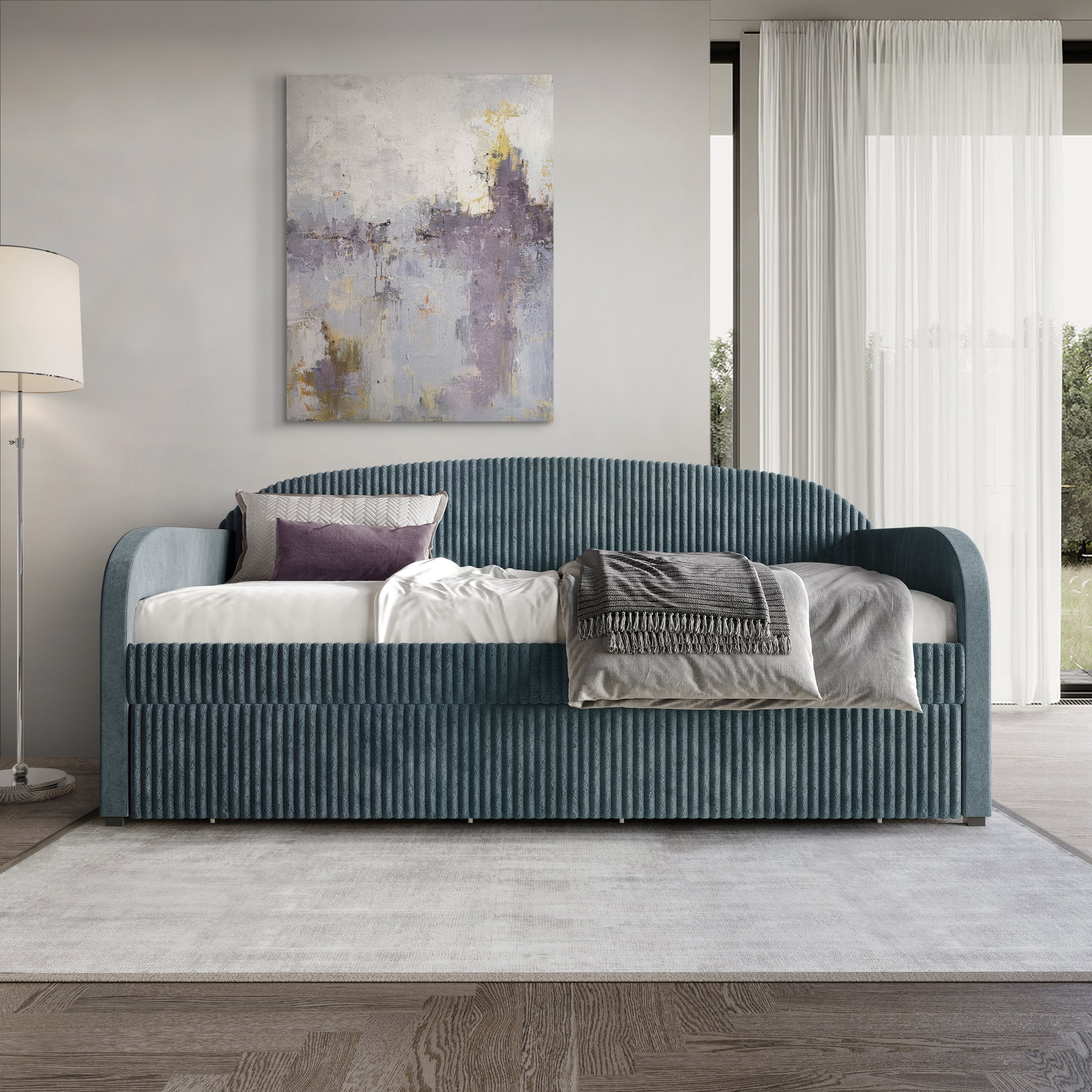 Castle Place Corduroy Luxe Twin Daybed with 2 Storage Drawers, Light Blue