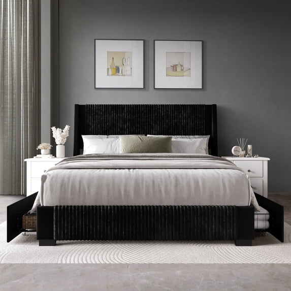 Castle Place Corduroy Velvet Full Platform Bed With Storage, Black