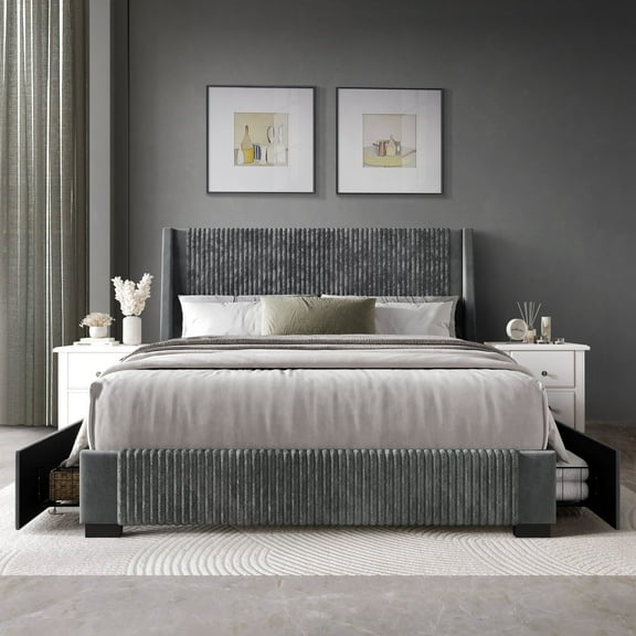 Castle Place Corduroy Velvet Full Platform Bed With Storage, Grey