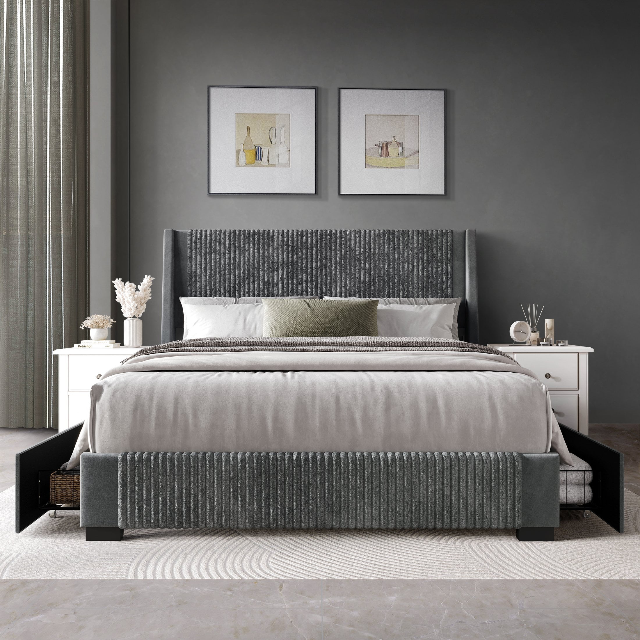 Castle Place Corduroy Velvet King Platform Bed With Storage, Grey