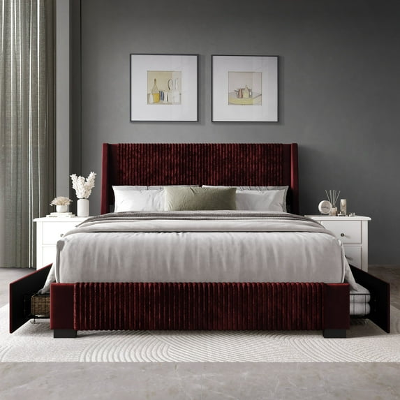 Castle Place Corduroy Velvet Queen Platform Bed With Storage, Red
