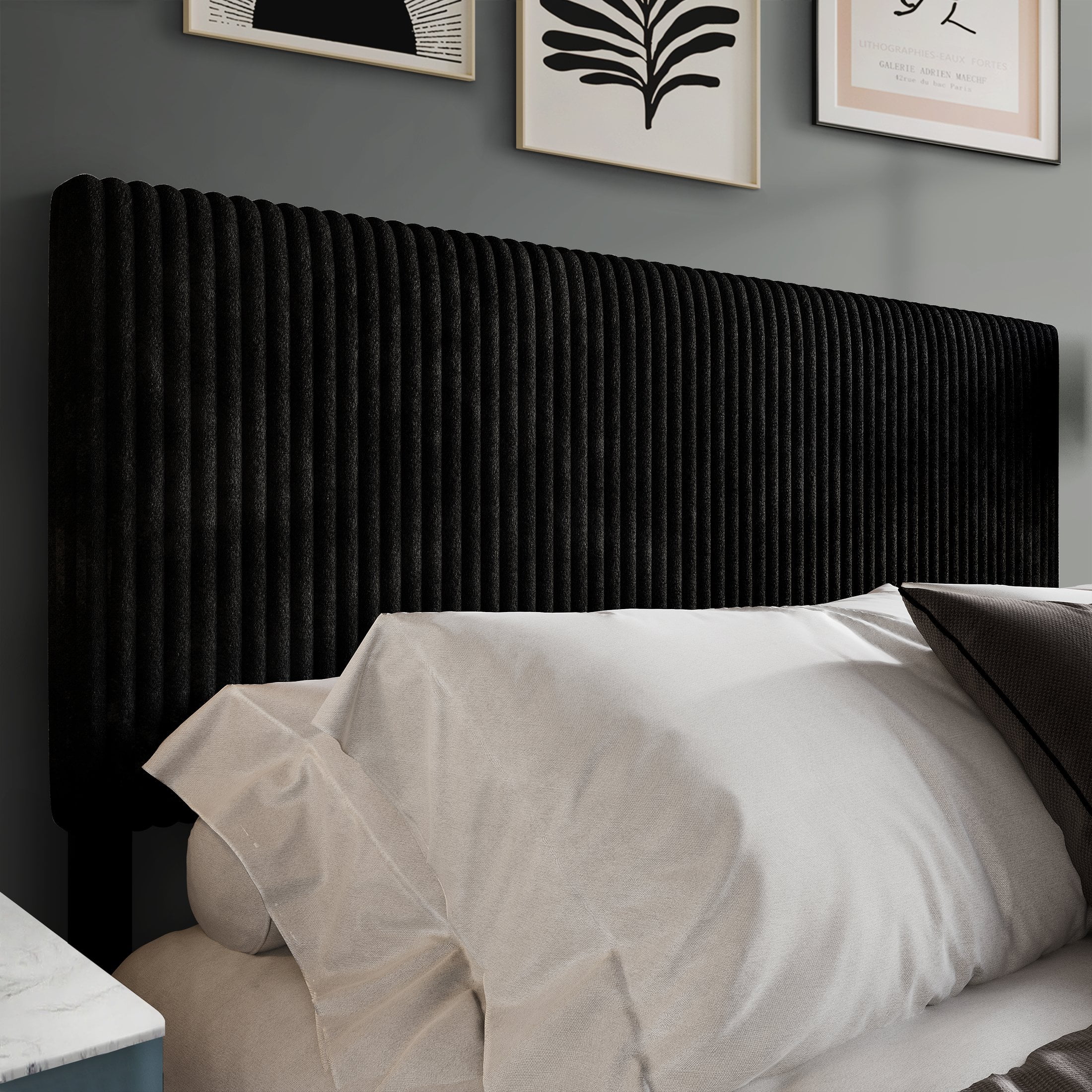 Castle Place Cozy Corduroy Velvet Upholstered Full Headboard, Black