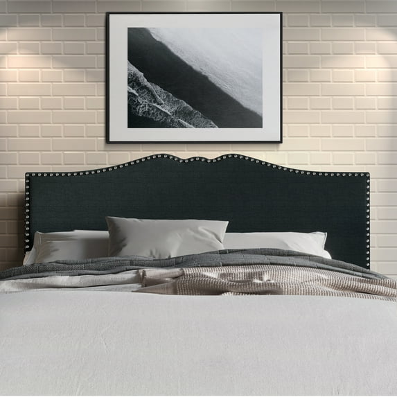 Castle Place Curved Upholstered Nailhead Trim Linen Headboard, Charcoal Grey, Queen