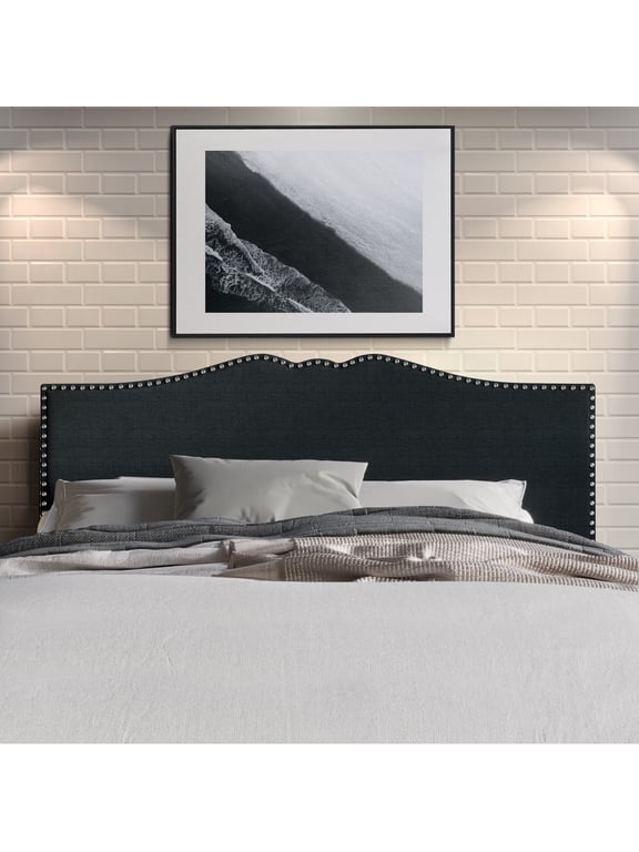 Curved Upholstered Nailhead Trim Linen Headboard, Charcoal Grey, Queen