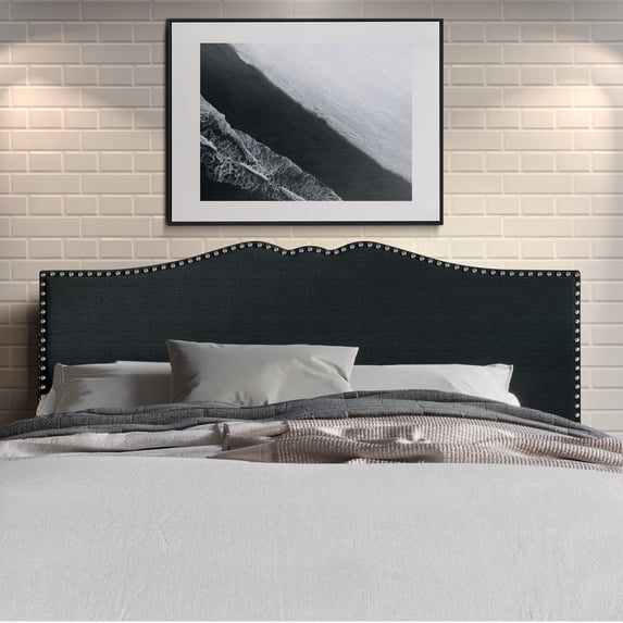 Castle Place Curved Upholstered Nailhead Trim Linen Headboard, Charcoal Grey, Twin