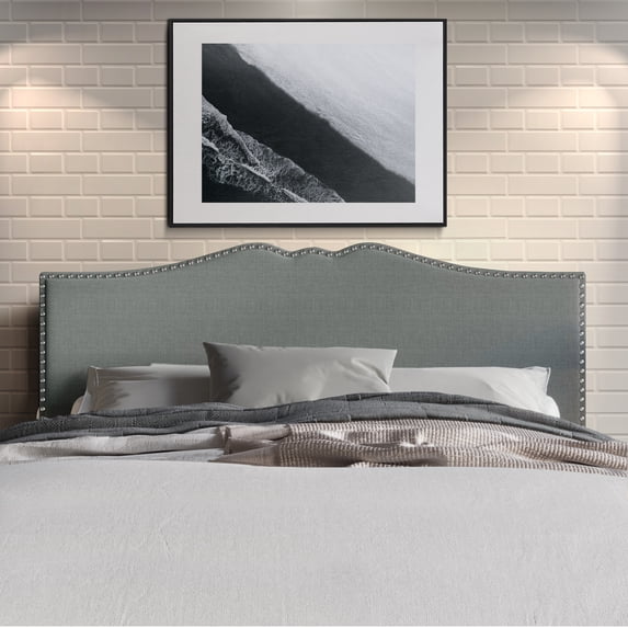 Castle Place Curved Upholstered Nailhead Trim Linen Headboard, Light Grey, Twin