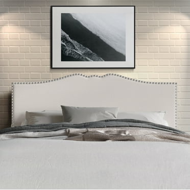 Castle Place Curved Upholstered Nailhead Trim Linen Headboard, Warm Grey, Twin