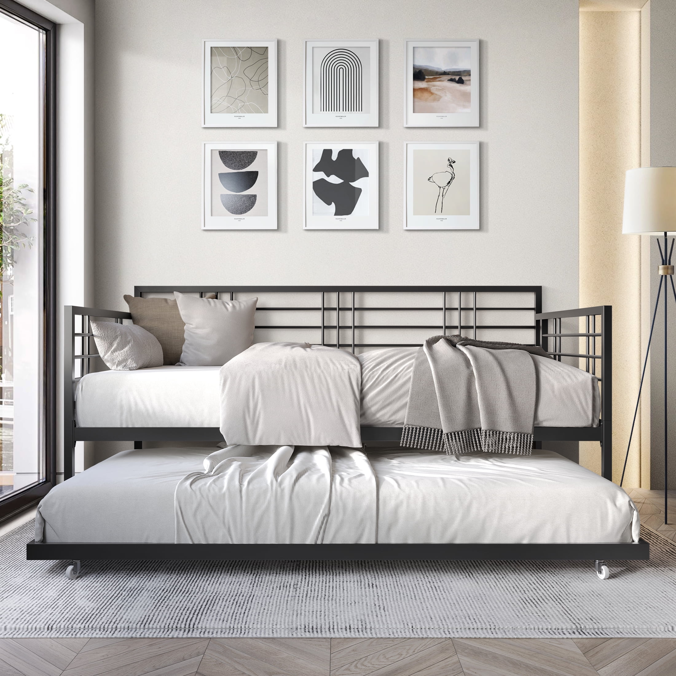 Black Metal Twin Daybed with Trundle and Headboard