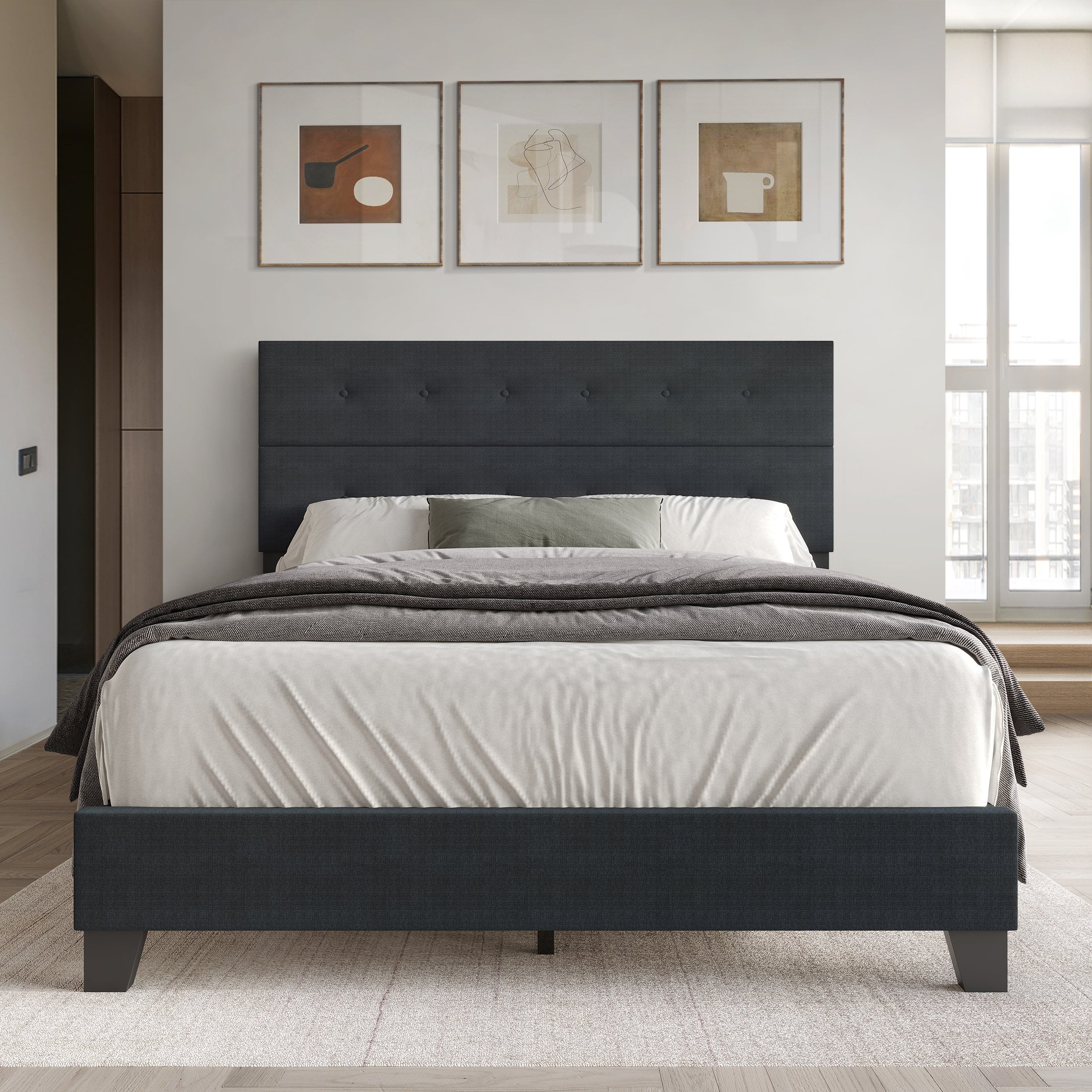 Castle Place Elegant Button Tufted Linen Upholstered Full Bed, Charcoal Grey