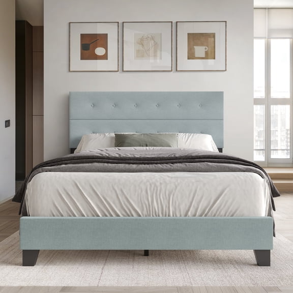 Castle Place Elegant Button Tufted Linen Upholstered Full Bed, Light Blue