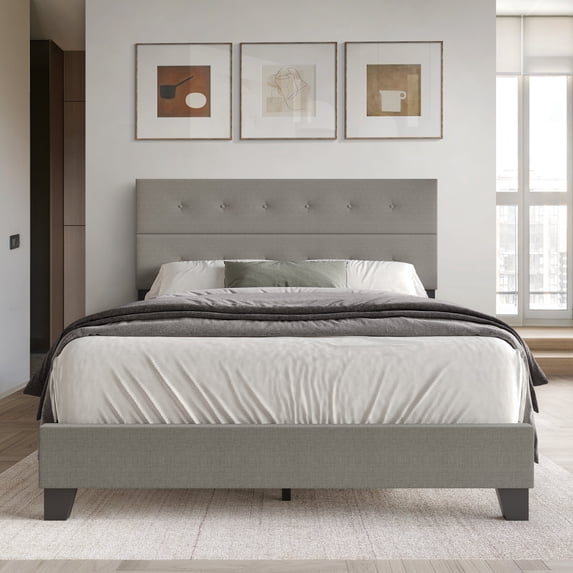 Castle Place Elegant Button Tufted Linen Upholstered Full Bed, Light Grey
