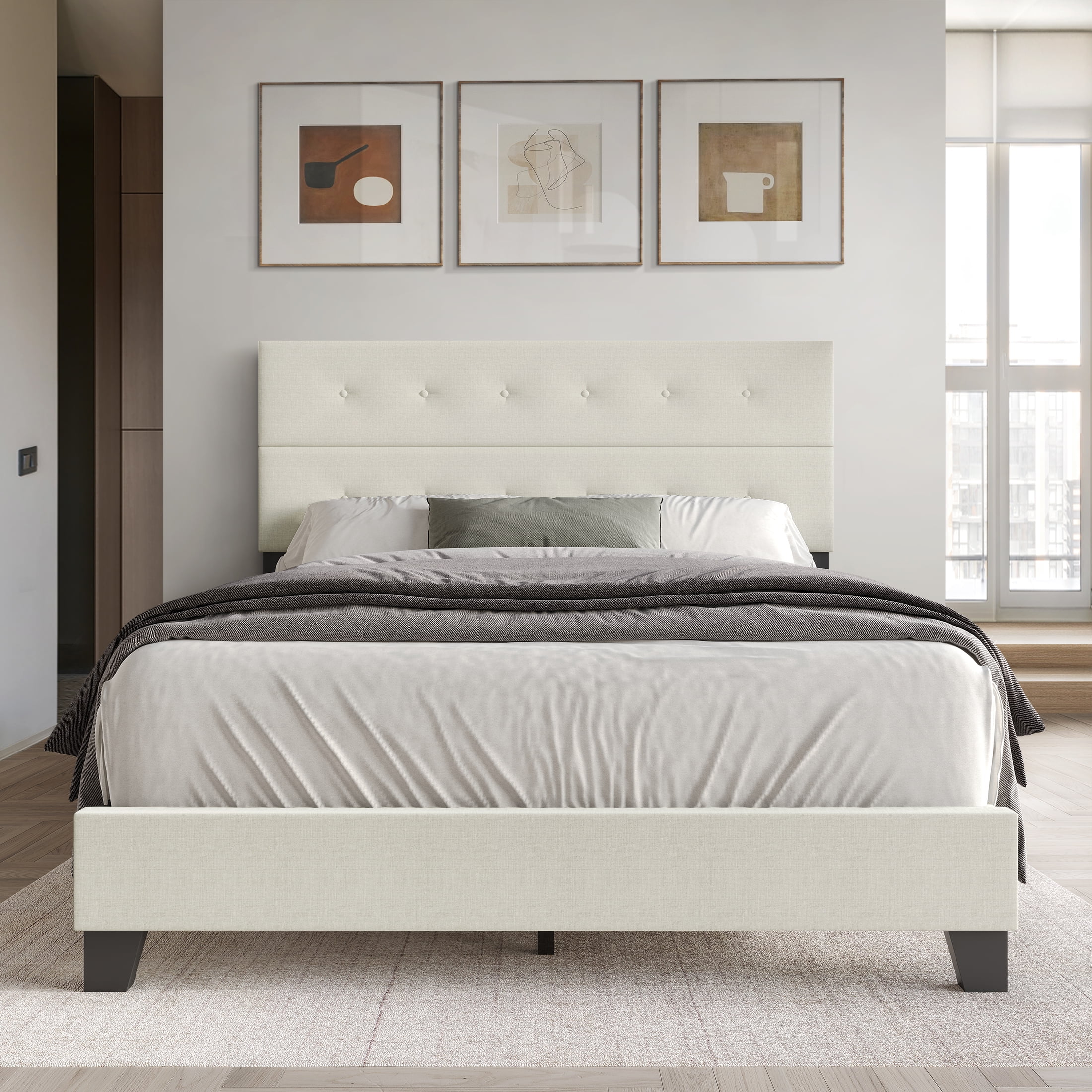 Castle Place Elegant Button Tufted Linen Upholstered King Bed, Beige ...