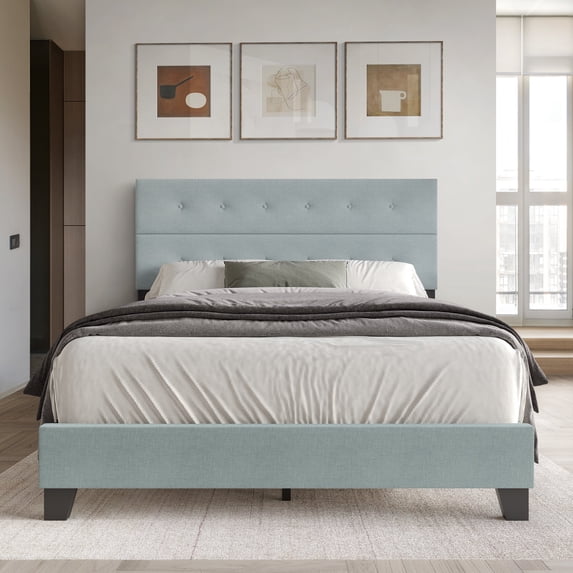 Castle Place Elegant Button Tufted Linen Upholstered King Bed, Light Blue