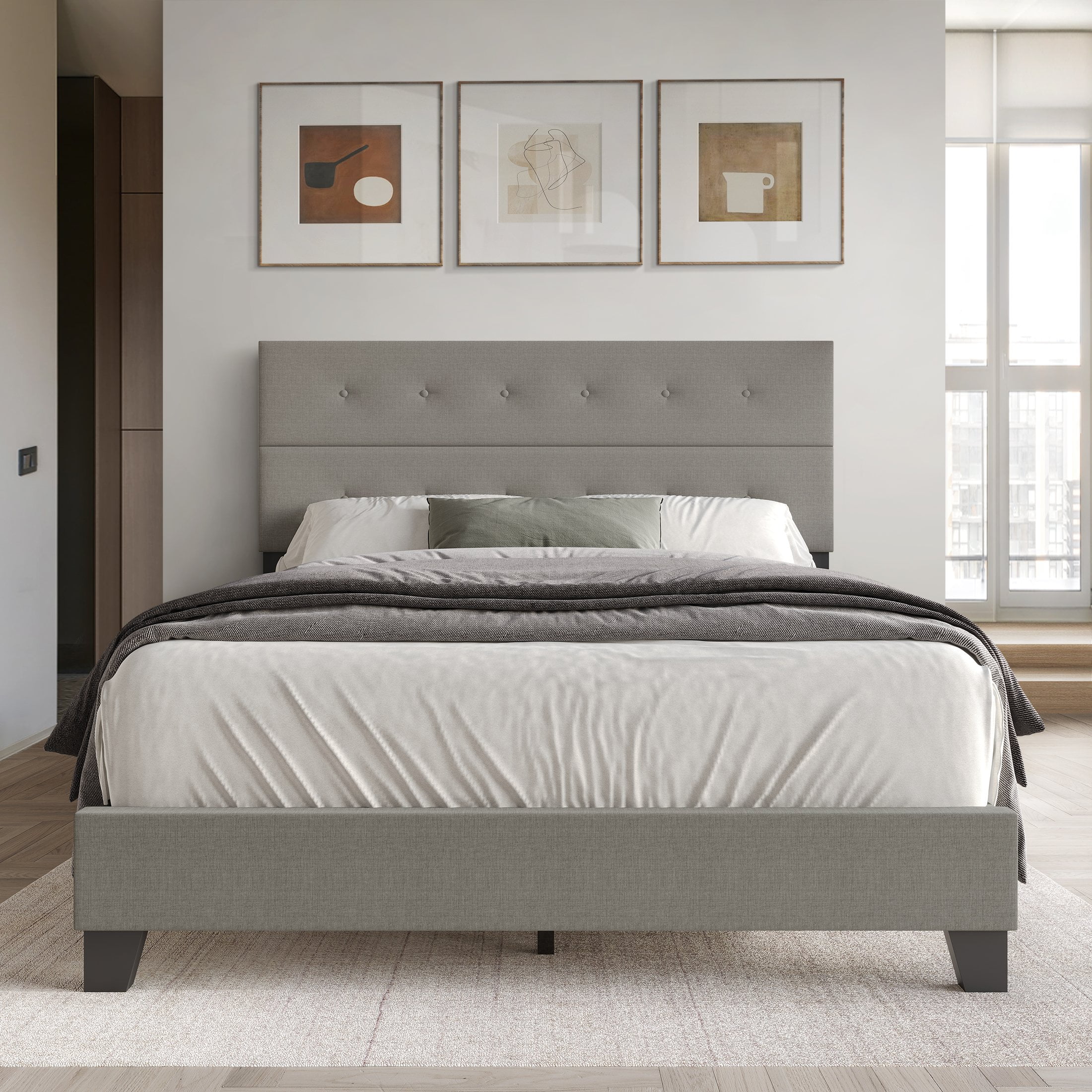 Castle Place Elegant Button Tufted Linen Upholstered King Bed, Light Grey