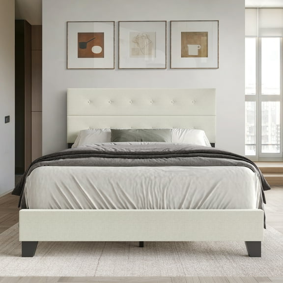 Castle Place Elegant Button Tufted Linen Upholstered Twin Bed, Beige