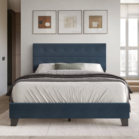 Castle Place Elegant Button Tufted Linen Upholstered Twin Bed, Blue