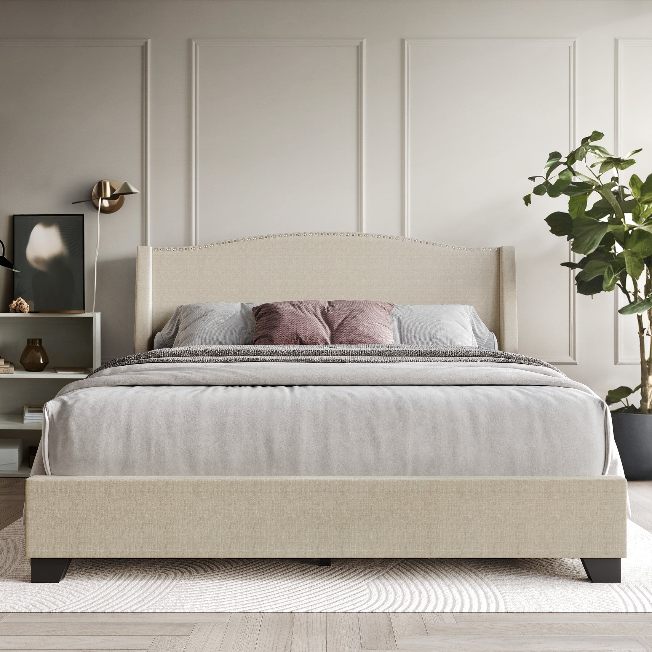Elegant Beige Linen Full Platform Bed with Storage and Nailhead Trim
