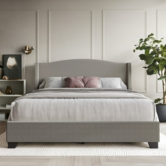 Castle Place Linen Platform Bed, Full Size with Storage, Light Grey
