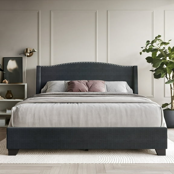 Castle Place King Size Charcoal Grey Nailhead Trim Tufted Upholstered Bed with Storage
